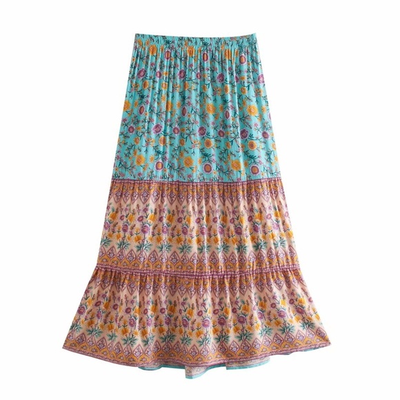 Boho mint green floral print maxi skirt ruffle - Picture 3 of 6